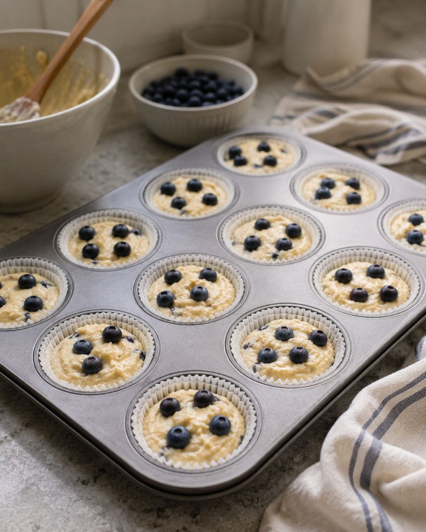 A muffin tin filled with unbaked blueberry muffin batter, each cup topped with several blueberries. A bowl of batter, a bowl of blueberries, and a striped cloth are nearby on a kitchen counter.