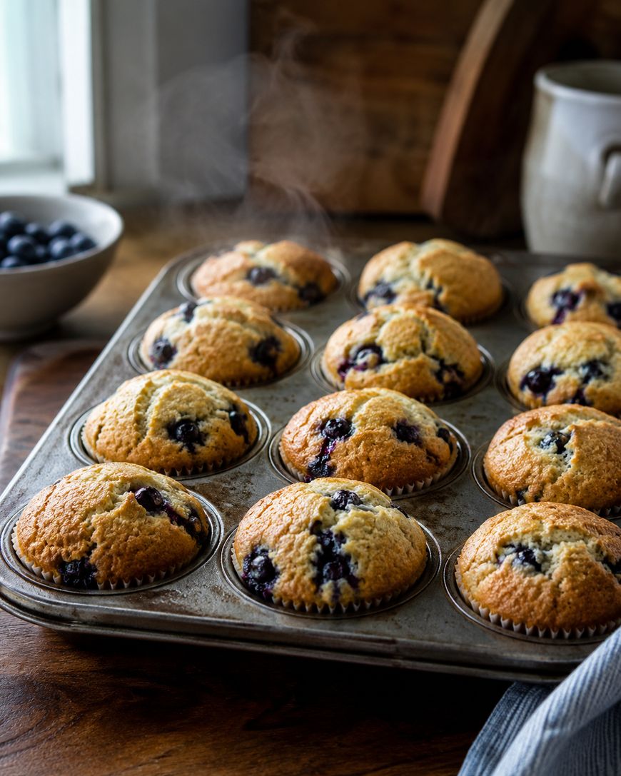A steaming tray of freshly baked blueberry muffins sits on a wooden table, with a bowl of blueberries and kitchenware in the background.