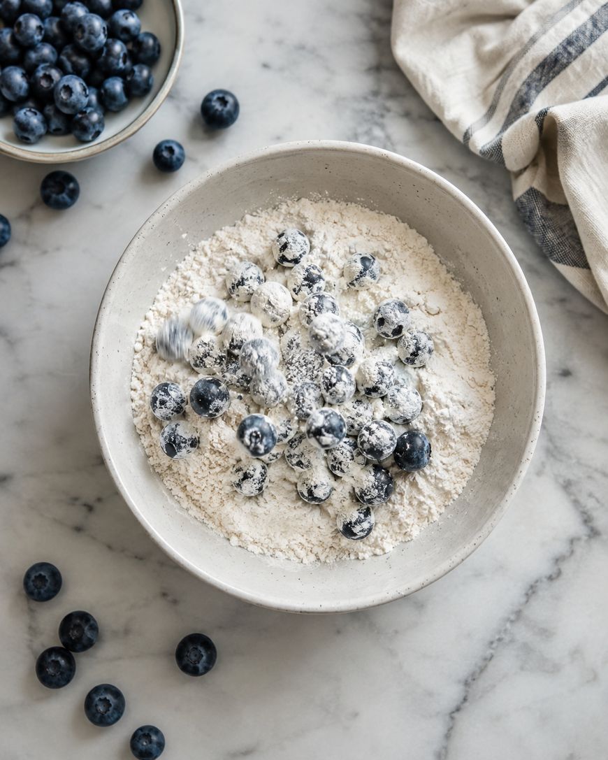 A bowl of flour with blueberries being mixed in, surrounded by a small bowl of blueberries, a striped cloth, and scattered blueberries on a marble surface.