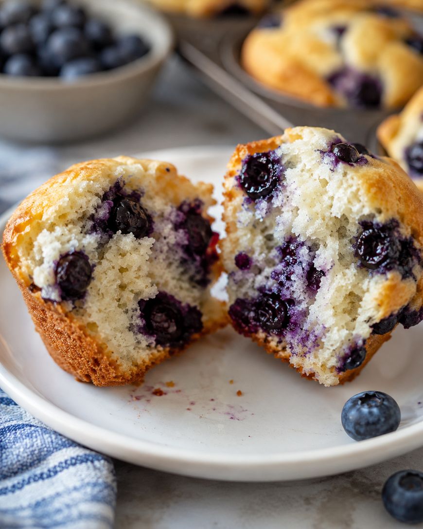 A blueberry muffin split in half on a white plate, showing juicy blueberries inside. A bowl of blueberries and more muffins are in the background.