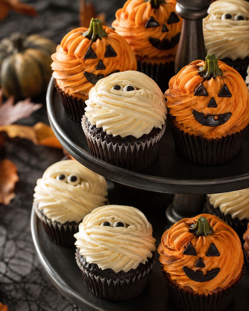 Halloween cupcakes on a tiered stand; some have orange jack-o-lantern faces, others look like mummies with white frosting and candy eyes. Decorative pumpkins and autumn leaves in the background.