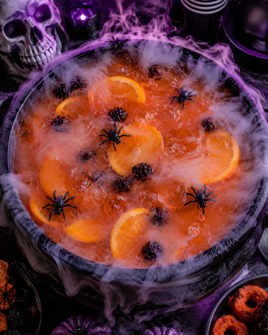 A smoky Halloween punch bowl with orange slices, blackberries, and fake spiders, surrounded by mist and spooky decor, including a skull and dark dishes.