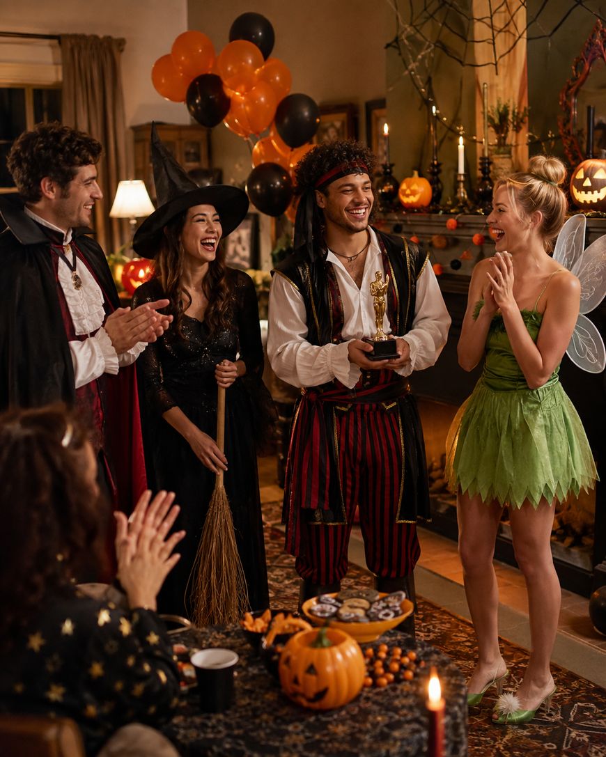 Four adults in Halloween costumes—vampire, witch, pirate, and fairy—stand smiling together at a party. The pirate holds a trophy. Halloween decorations and snacks are visible, with others applauding in the foreground.