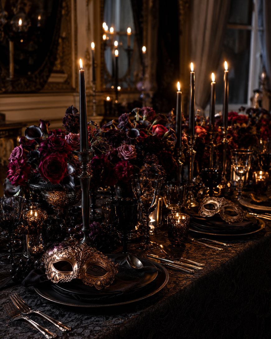 A dimly lit, elegant dinner table is set with dark plates, ornate silverware, tall black candles, lush purple flowers, and decorative masquerade masks, creating a mysterious and luxurious atmosphere.