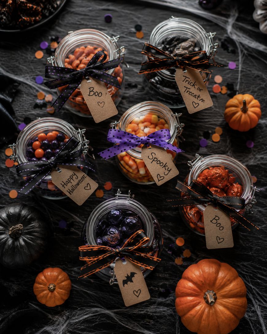 Five glass jars filled with Halloween candies, each tied with ribbon and a festive tag, are surrounded by mini pumpkins, confetti, and cobwebs on a dark surface.