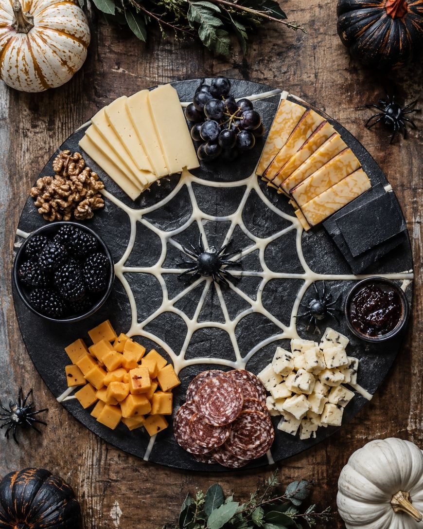 A round cheese board features a spiderweb design, assorted cheeses, salami, blackberries, walnuts, grapes, and a small bowl of jam, surrounded by mini pumpkins and plastic spiders for a Halloween theme.