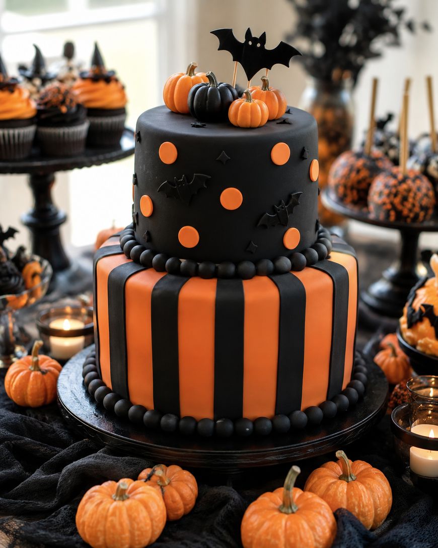 Two-tier Halloween cake decorated with orange and black stripes, polka dots, small pumpkins, and a bat topper, surrounded by mini pumpkins, cupcakes, and festive treats.