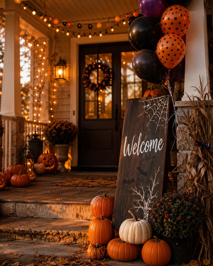 A porch decorated for Halloween with pumpkins, a Welcome sign, autumn wreath, potted flowers, cornstalks, string lights, and a bunch of orange and black balloons.