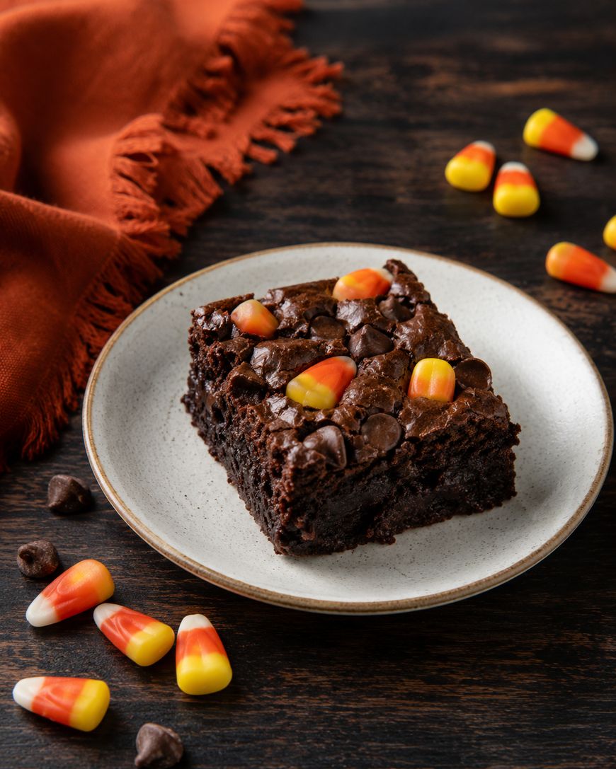 A chocolate brownie with candy corn and chocolate chips sits on a white plate, surrounded by more candy corn pieces on a dark wooden surface with an orange cloth nearby.