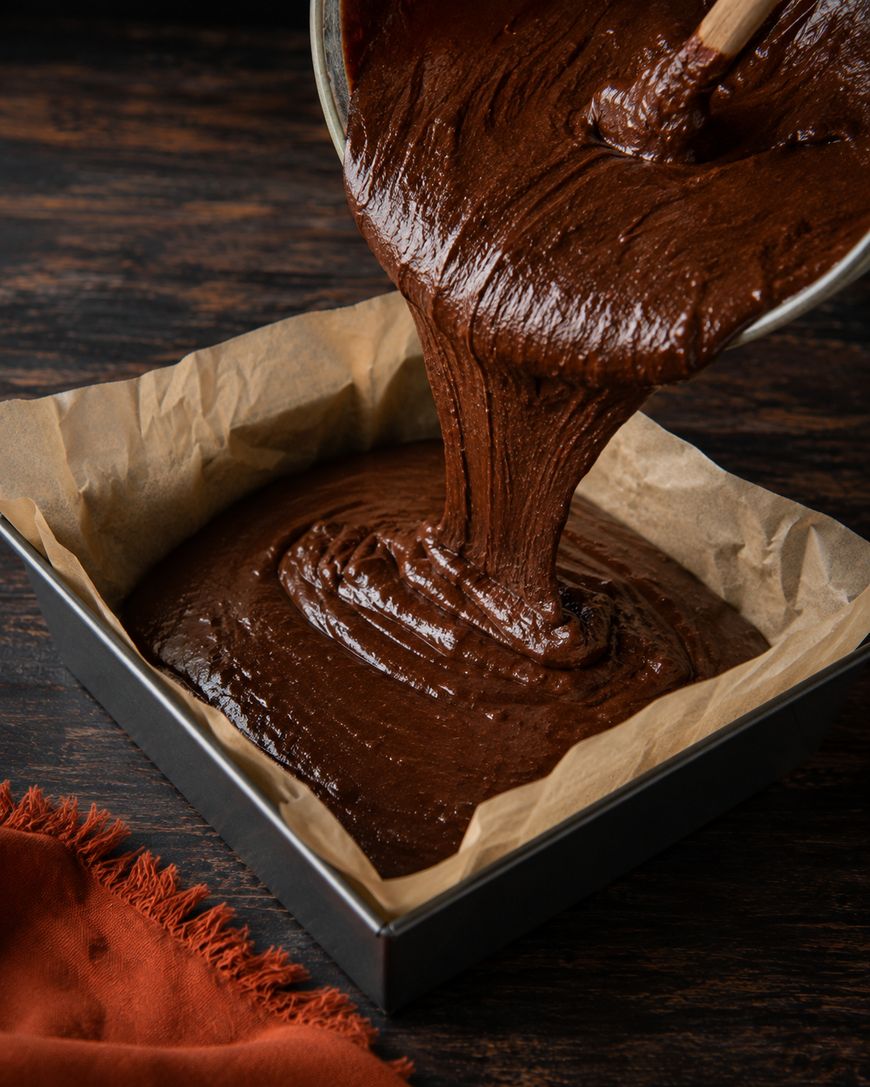 Thick chocolate brownie batter is being poured from a bowl into a square, parchment-lined baking pan on a dark surface, with an orange cloth nearby.