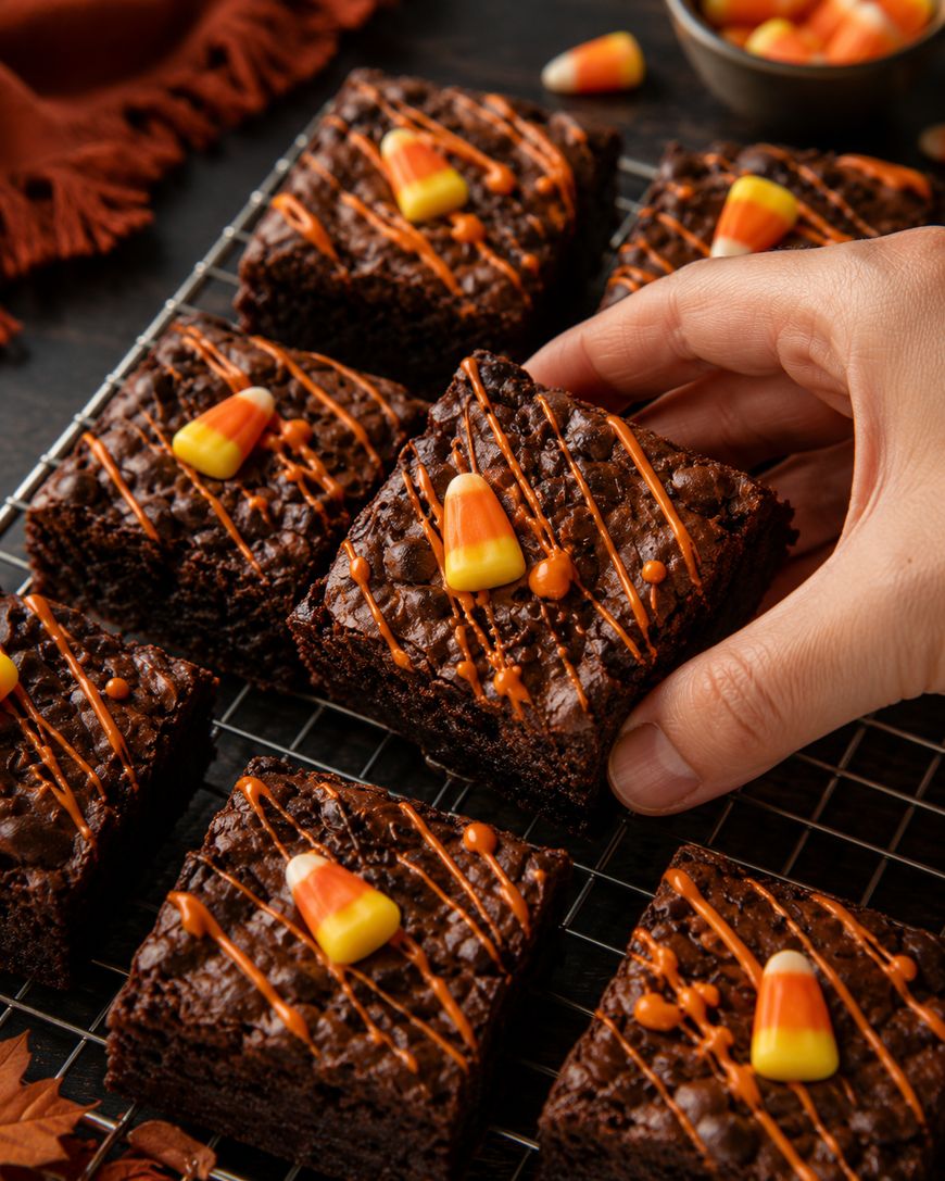 A hand picks up a chocolate brownie topped with orange drizzle and a piece of candy corn, surrounded by similar brownies on a wire rack.