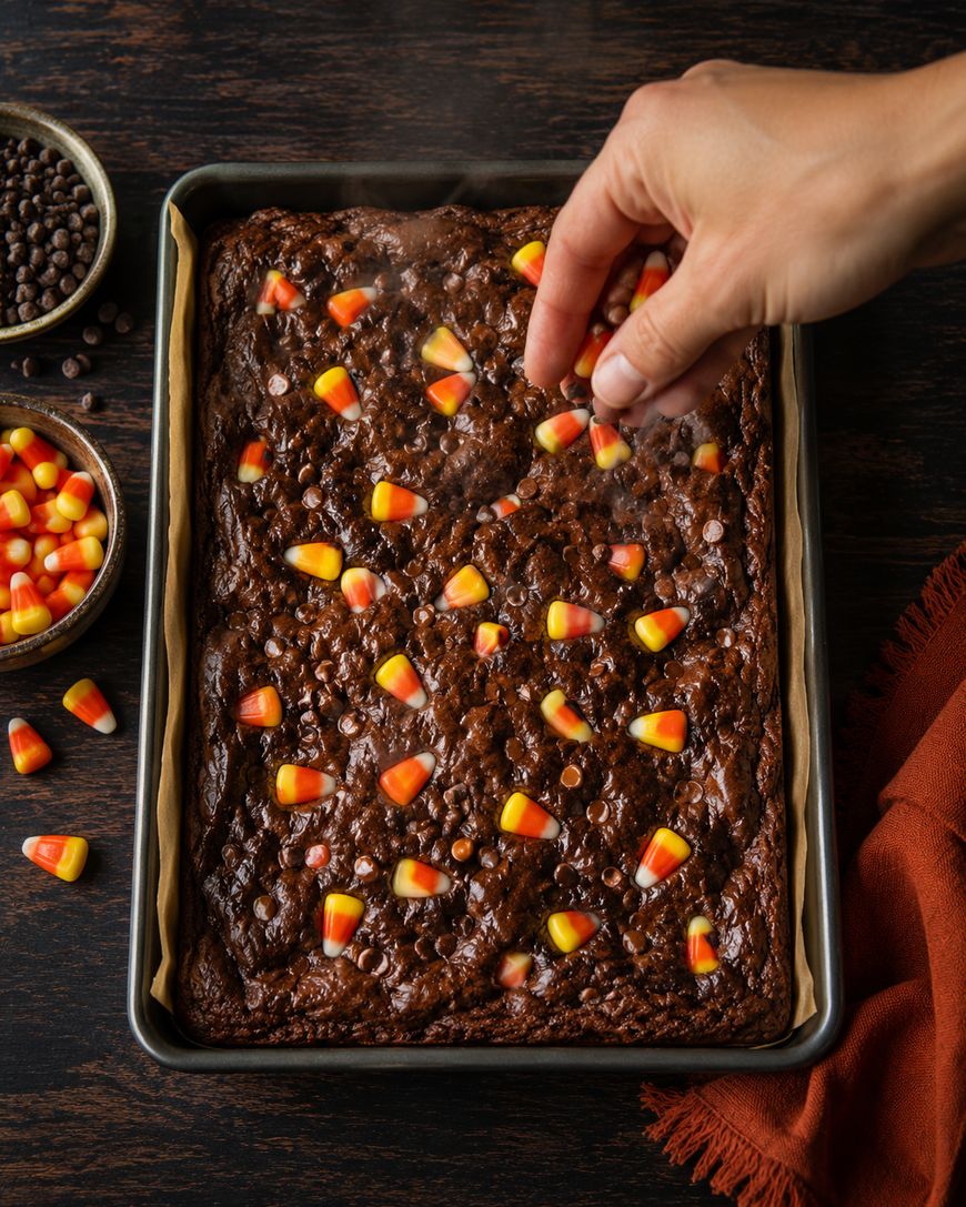 A hand decorates a pan of chocolate brownies with candy corn. Bowls of candy corn and chocolate chips sit nearby on a dark wooden surface with an orange cloth on the side.