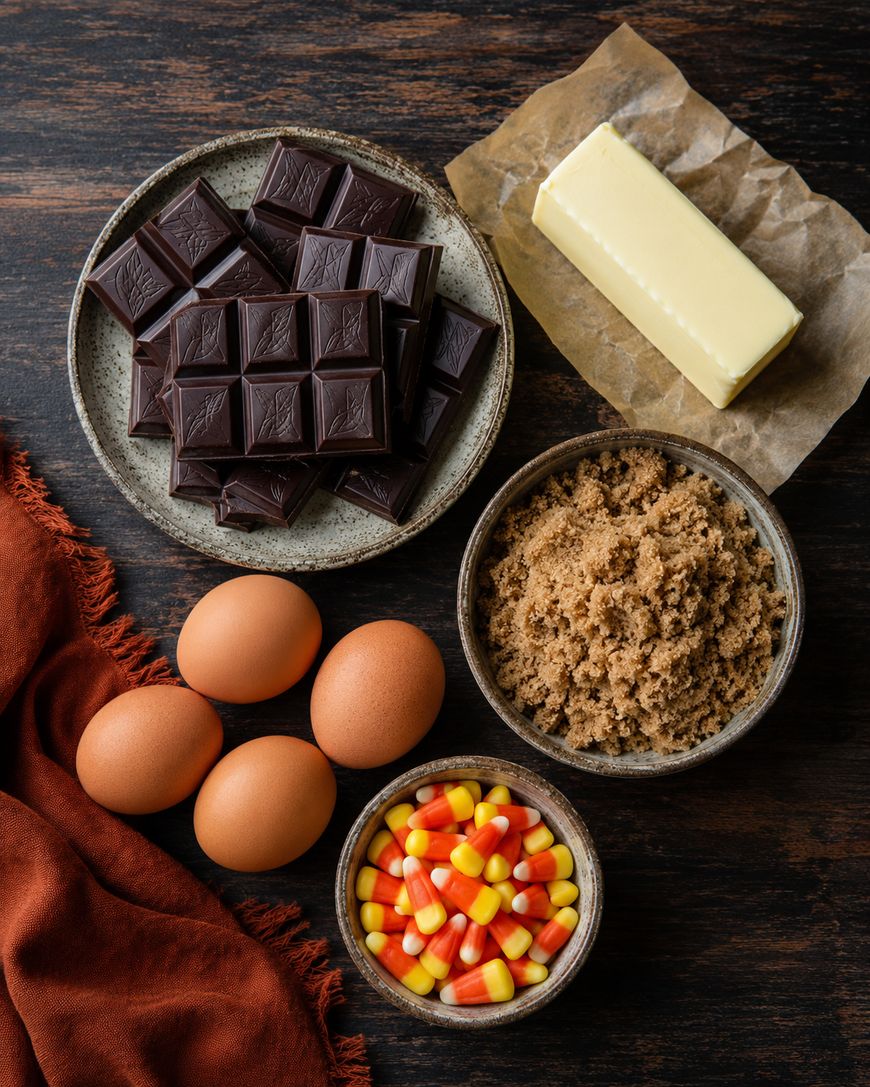 Five food ingredients on a dark wood surface: a plate of chocolate squares, a stick of butter, a bowl of brown sugar, three eggs, and a bowl of candy corn, beside a rust-colored cloth.