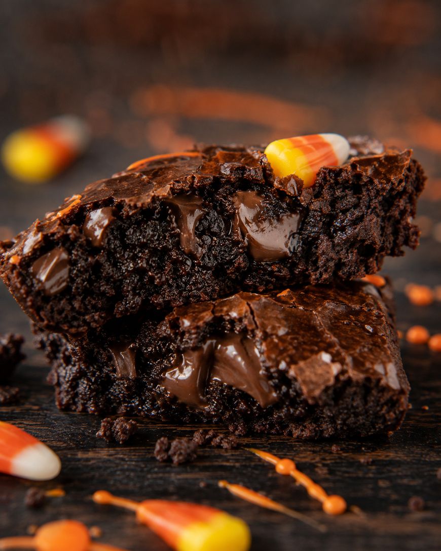 Two fudgy chocolate brownies stacked on a dark surface, with melting chocolate chunks inside. Candy corn pieces are scattered around and on top for decoration.
