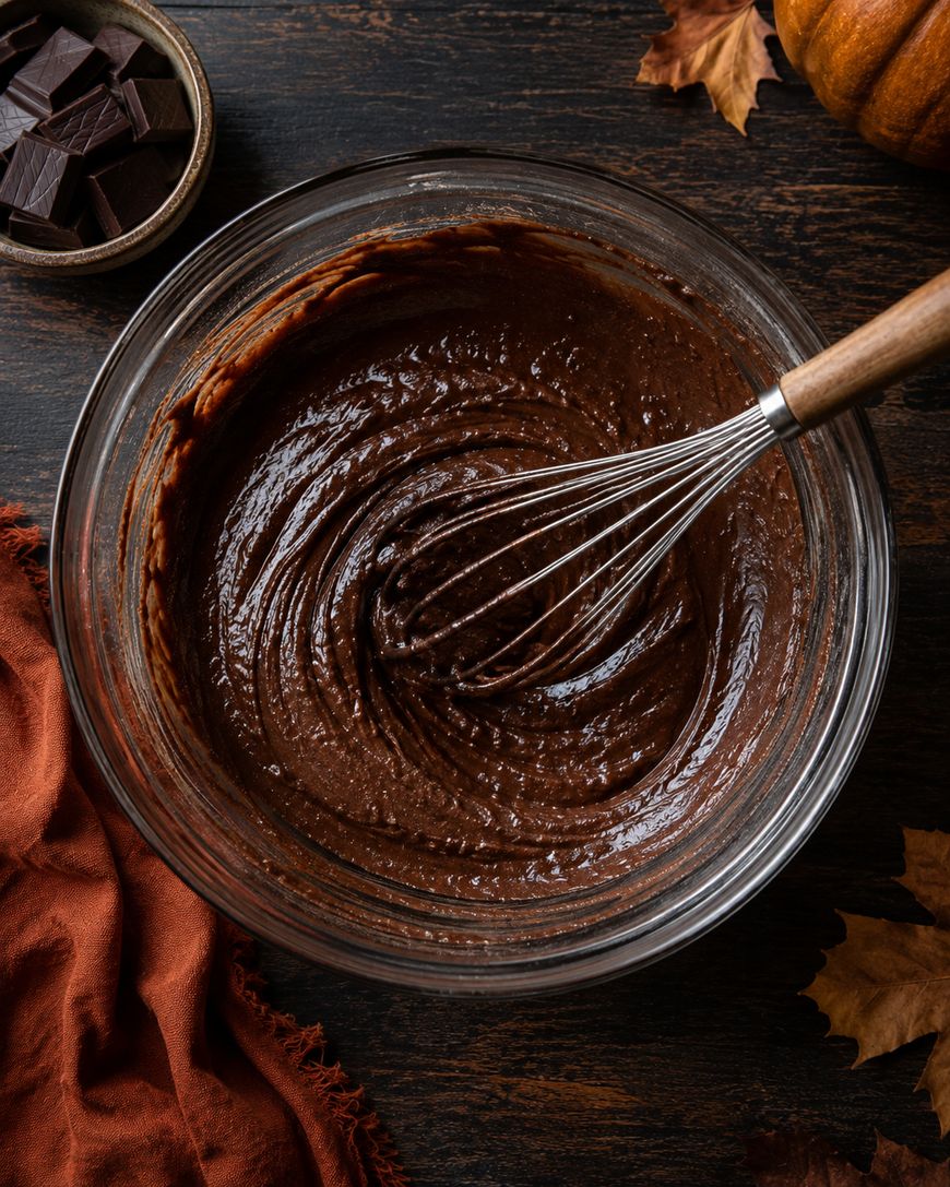 A glass bowl filled with chocolate batter being whisked, surrounded by a dish of chocolate chunks, autumn leaves, and an orange cloth on a dark wooden surface.
