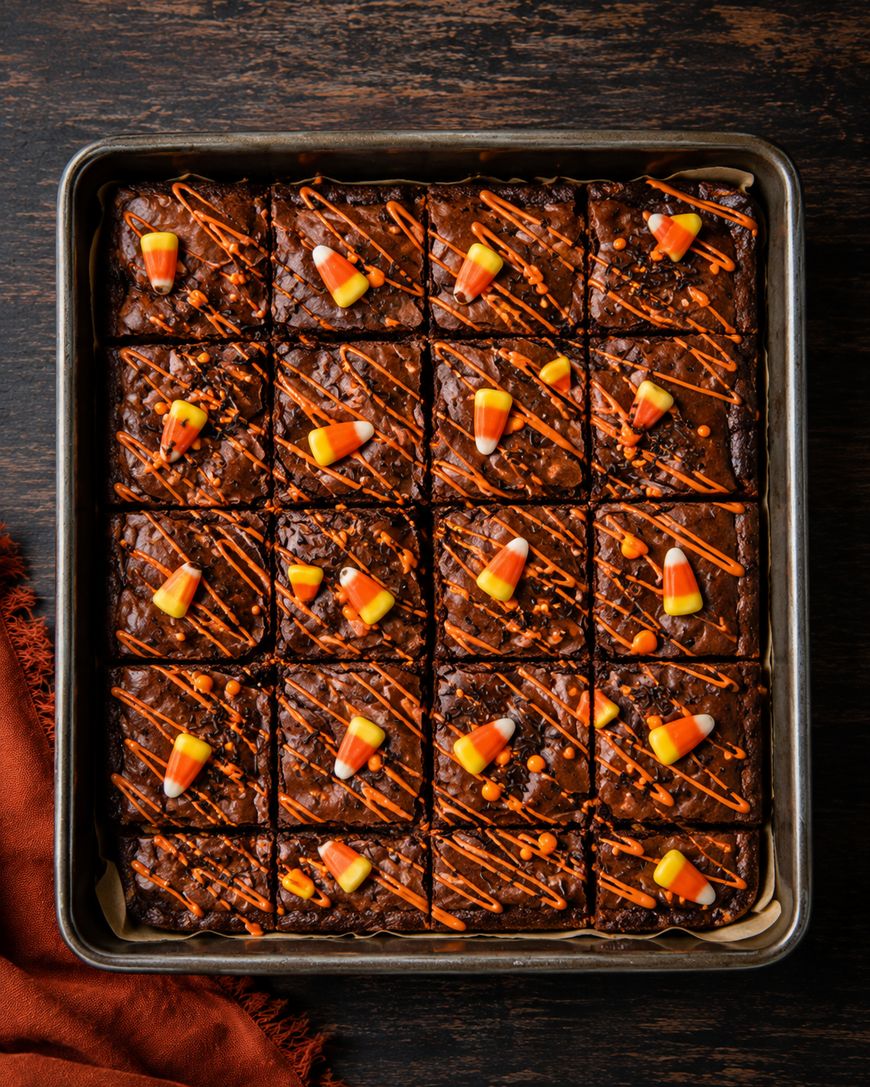 A tray of brownies cut into squares, each topped with orange candy corn and orange drizzle, sits on a dark wood surface with an orange cloth nearby.