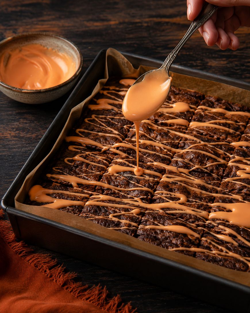 A hand drizzles orange icing over a pan of sliced brownies on parchment paper, with a small bowl of icing nearby on a dark wooden surface.