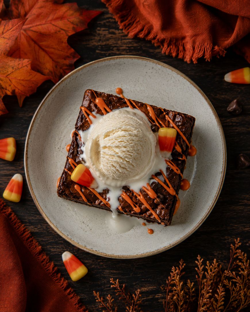 A brownie topped with a scoop of vanilla ice cream, orange drizzle, and candy corn on a plate. Fall leaves, candy corn, and orange napkins decorate the dark wooden table.
