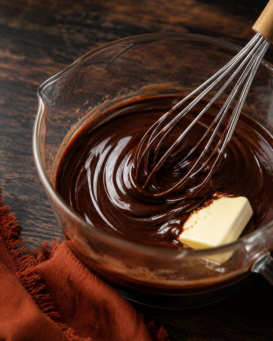 A whisk mixing melted chocolate and a pat of butter in a glass bowl on a wooden table with a brown cloth nearby.