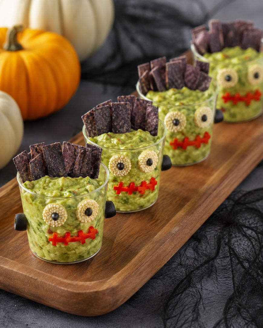 Four cups of guacamole decorated as Frankenstein faces with blue corn chips for hair, olive slices for bolts, and toppings for eyes and mouths, arranged on a wooden tray. Pumpkins and black netting in the background.