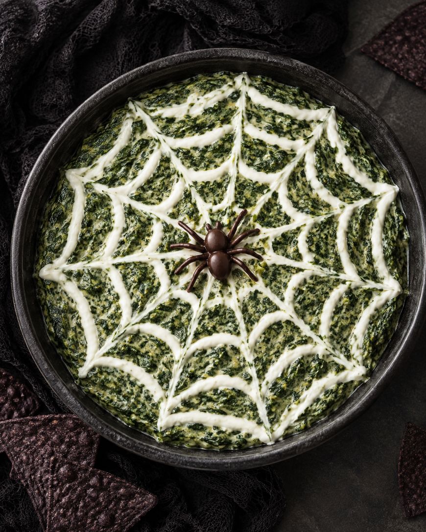 A bowl of spinach dip decorated with a white spiderweb pattern and topped with a fake spider, surrounded by dark tortilla chips and a black cloth.