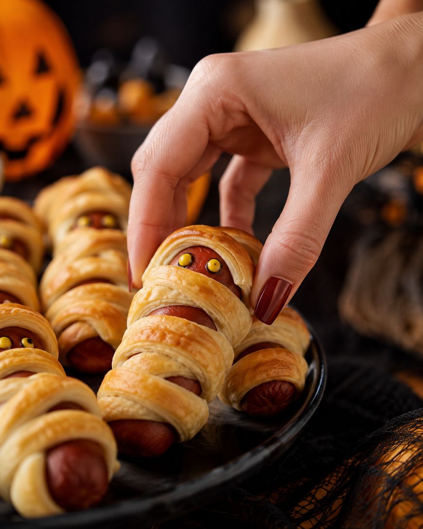 A hand picks up a pastry-wrapped sausage designed to look like a mummy with candy eyes, on a plate with other mummy snacks; a carved pumpkin is visible in the blurred background.