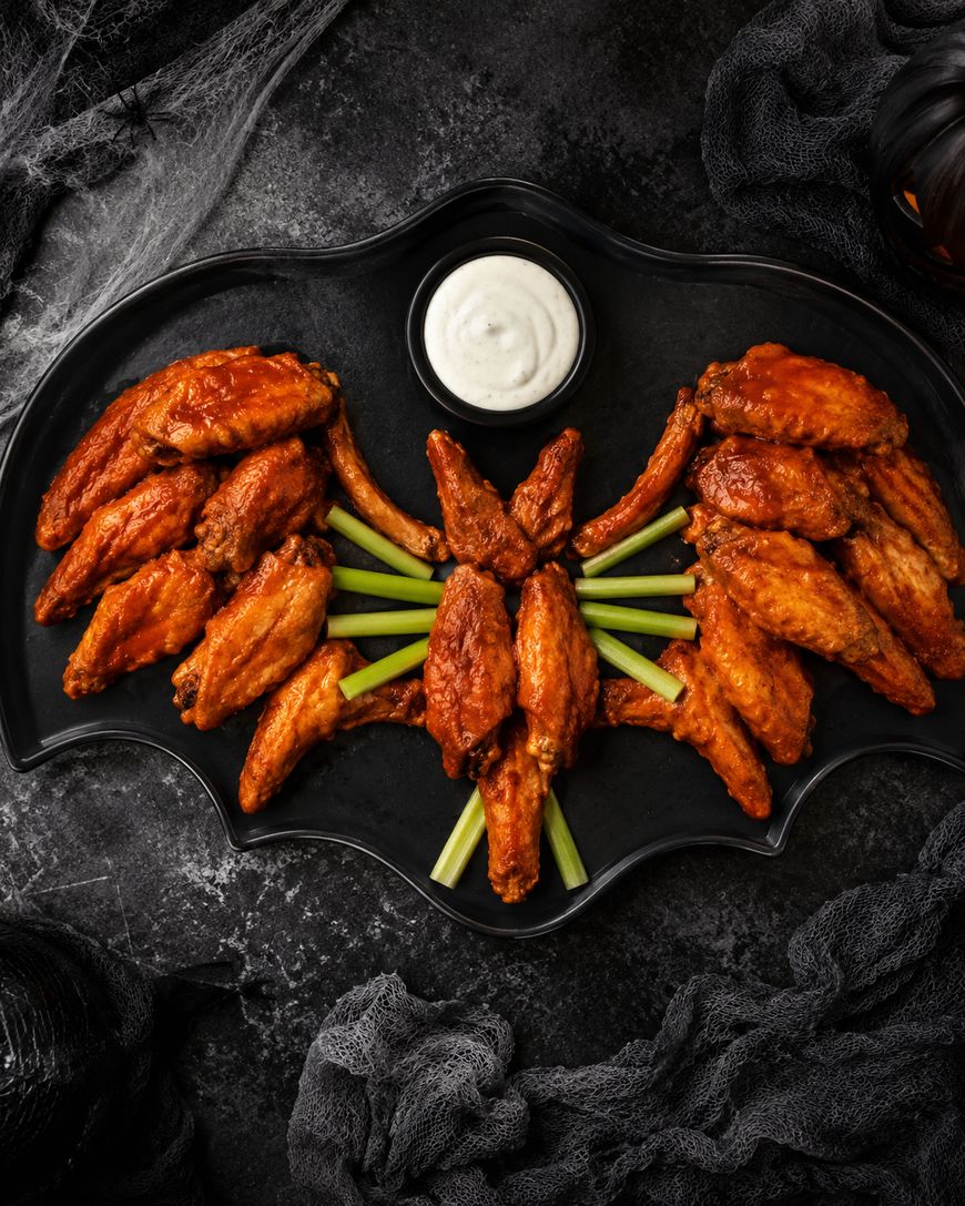 Buffalo wings and celery are arranged on a black bat-shaped tray to resemble a bat, with a cup of white dipping sauce as the head, against a dark textured background.