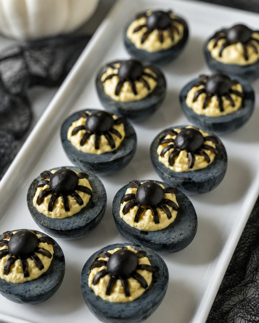 A platter of deviled eggs dyed dark gray, topped with black olives arranged to look like spiders for a spooky Halloween theme.