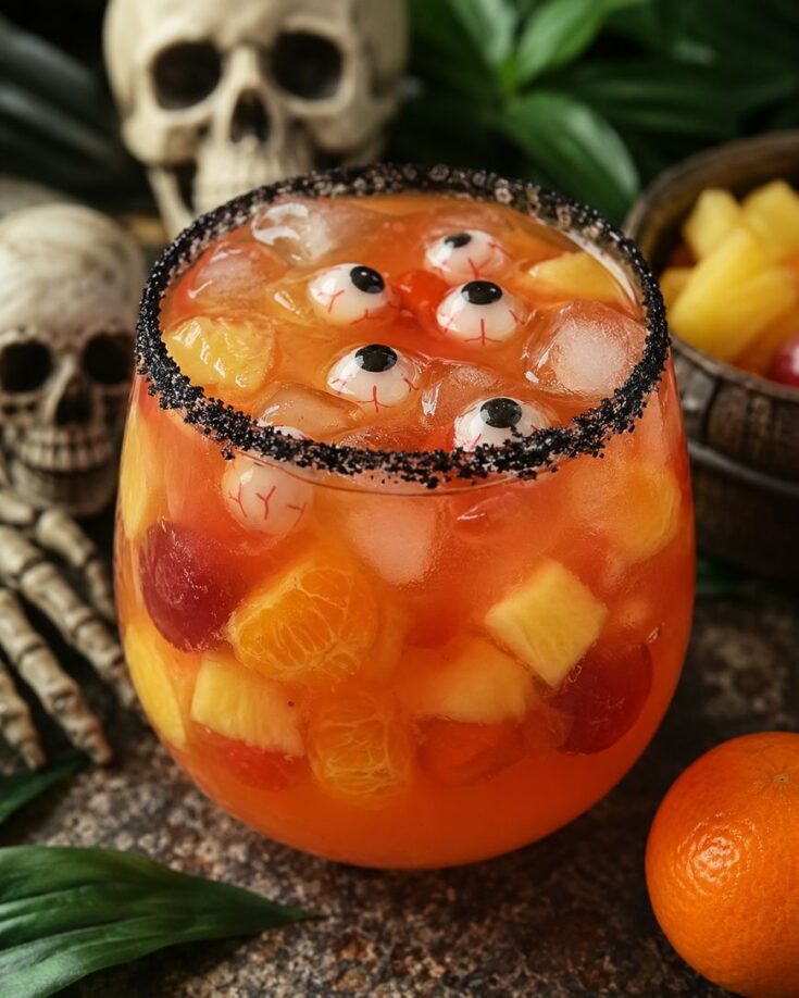 A spooky orange cocktail in a glass with black sugar rim, floating fruit chunks, and fake eyeballs, surrounded by skulls, a skeletal hand, and tropical leaves.