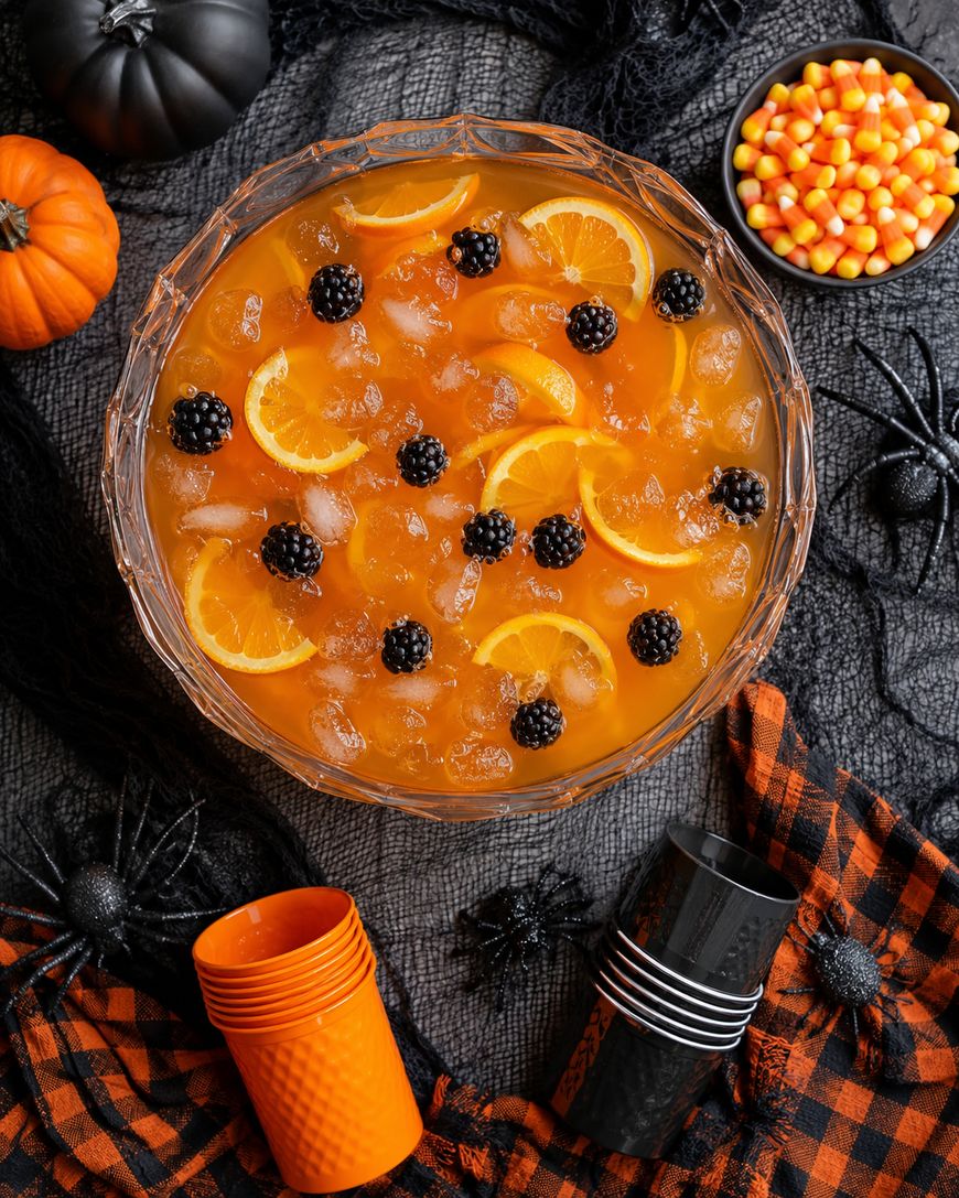 A bowl of orange punch with ice, orange slices, and blackberries. Surrounding it are candy corn, black decorative spiders, pumpkins, and stacks of orange and black cups on a checkered cloth.