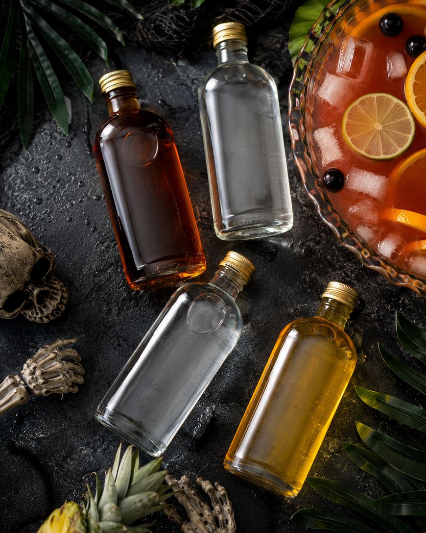 Four bottles of liquor beside a punch bowl with fruit slices, surrounded by tropical leaves and Halloween decorations including a skull and skeleton hand.