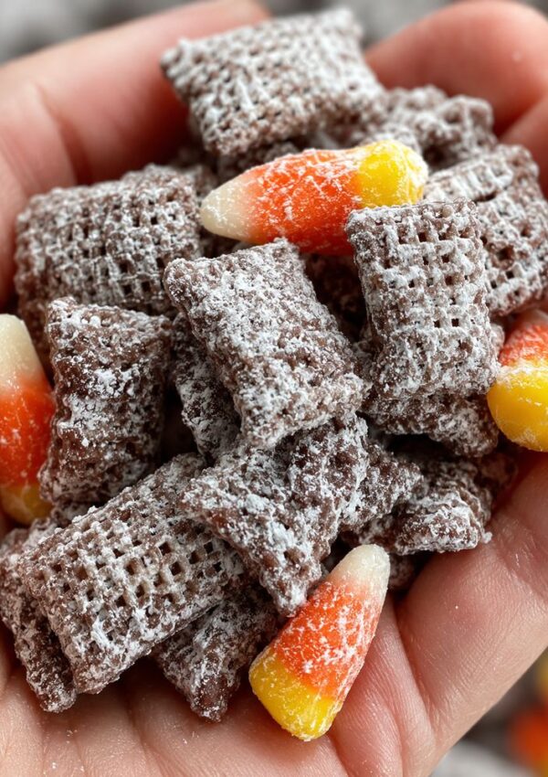 A close-up of a hand holding chocolate-coated Chex cereal pieces dusted with powdered sugar, mixed with orange, yellow, and white candy corn.