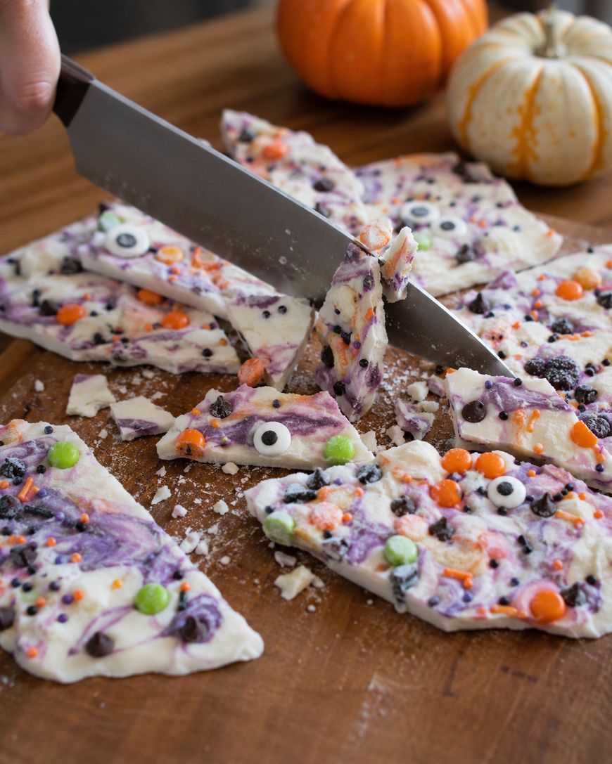 A hand cuts colorful Halloween-themed white chocolate bark with sprinkles and candy eyes on a wooden surface. Two small pumpkins are in the background.