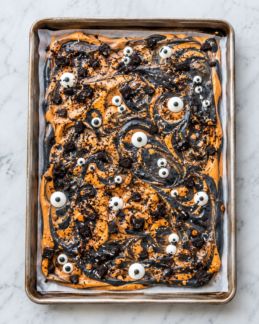 Rectangular baking sheet with orange and black swirled Halloween bark, topped with candy eyes, cookie pieces, and orange and black sprinkles, on a white marble surface.