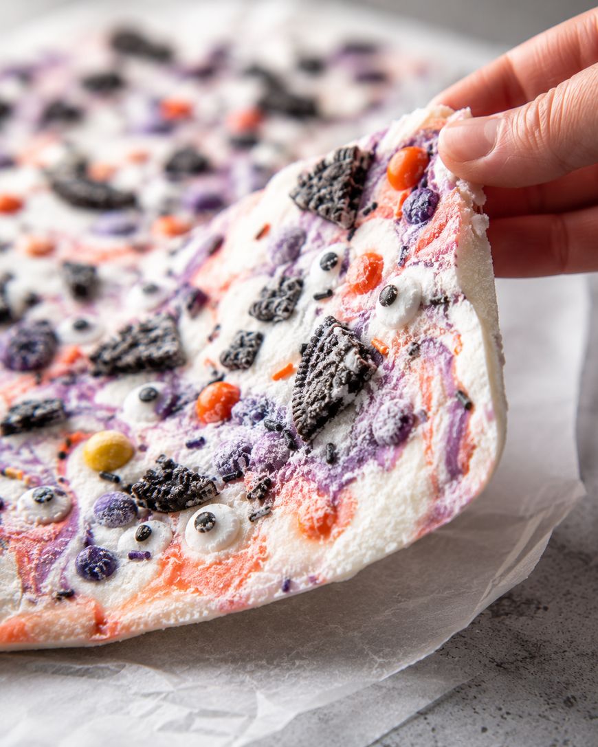 A hand lifts a sheet of colorful, textured candy bark decorated with Oreo pieces, candy eyes, and colorful candies on white parchment paper.