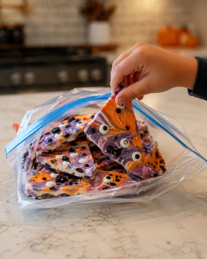 A hand grabs a colorful piece of Halloween-themed bark, decorated with candy eyes, from a plastic bag filled with more pieces on a kitchen counter.