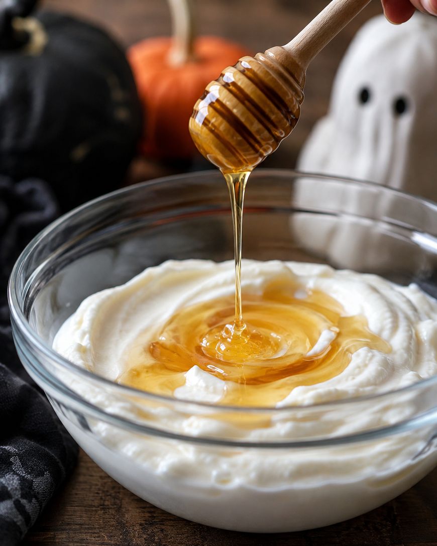 Honey drizzles from a wooden dipper onto a bowl of creamy yogurt. In the background, there are pumpkins and a ghost decoration, suggesting an autumn or Halloween theme.