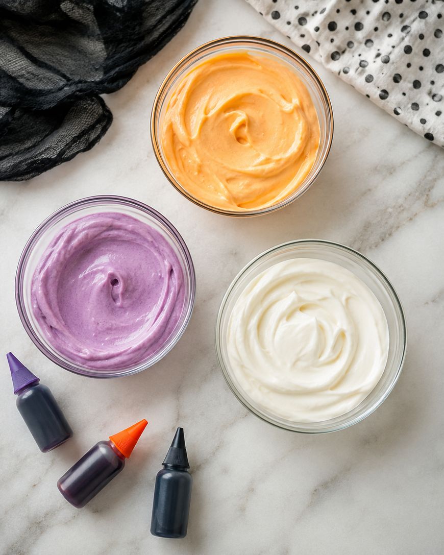 Three bowls of frosting in orange, purple, and white on a marble surface, with purple and orange food coloring bottles nearby and black and white cloths in the background.