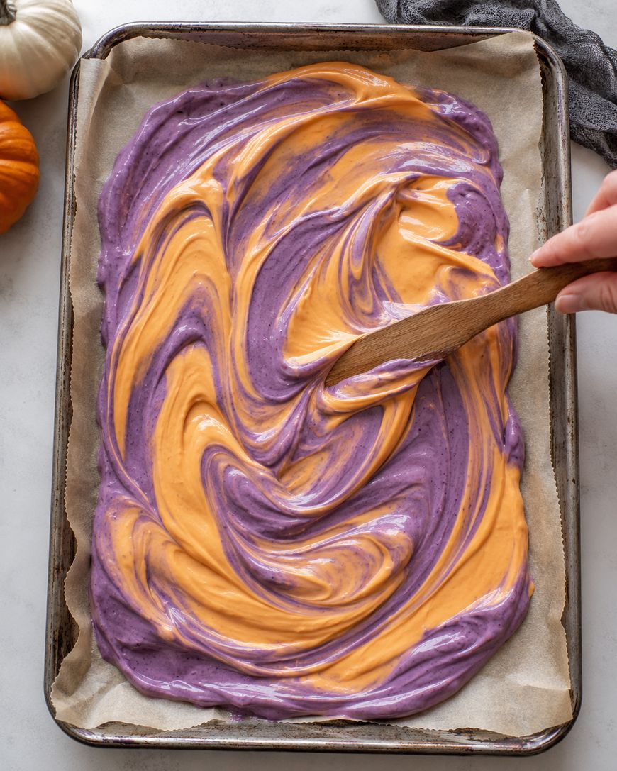 A hand swirls orange and purple batter together on a parchment-lined baking sheet, creating a marbled effect. Pumpkins and a garlic bulb sit nearby on a white countertop.