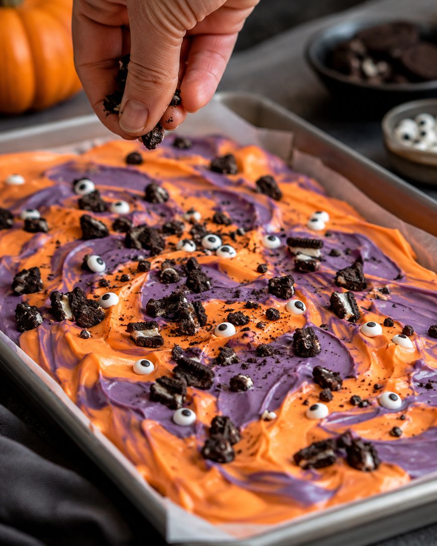 A hand sprinkles crushed cookies onto a tray of Halloween bark swirled with orange and purple and decorated with candy eyeballs.