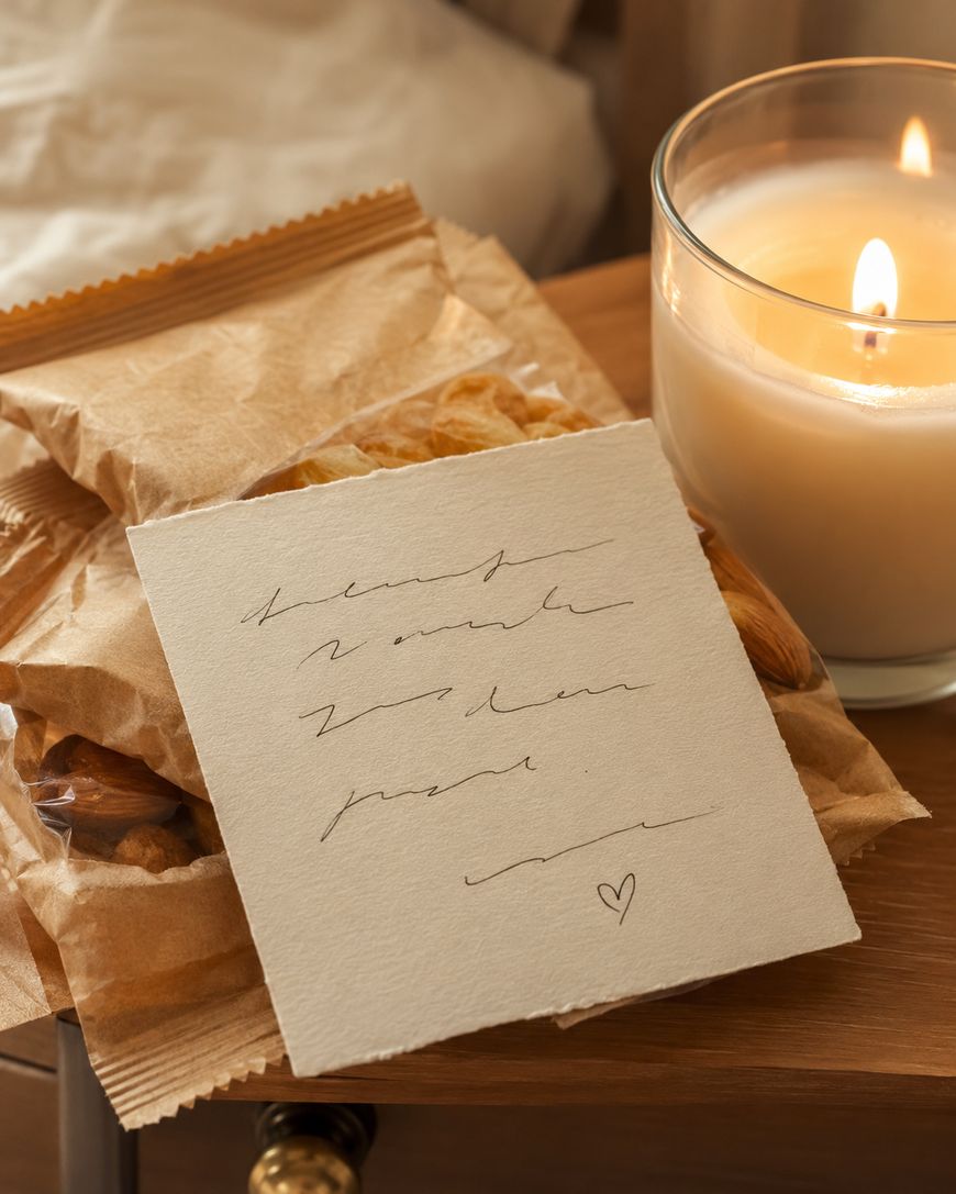 A handwritten note with a heart symbol rests on a wooden table beside a lit candle and a package of snacks in brown paper.