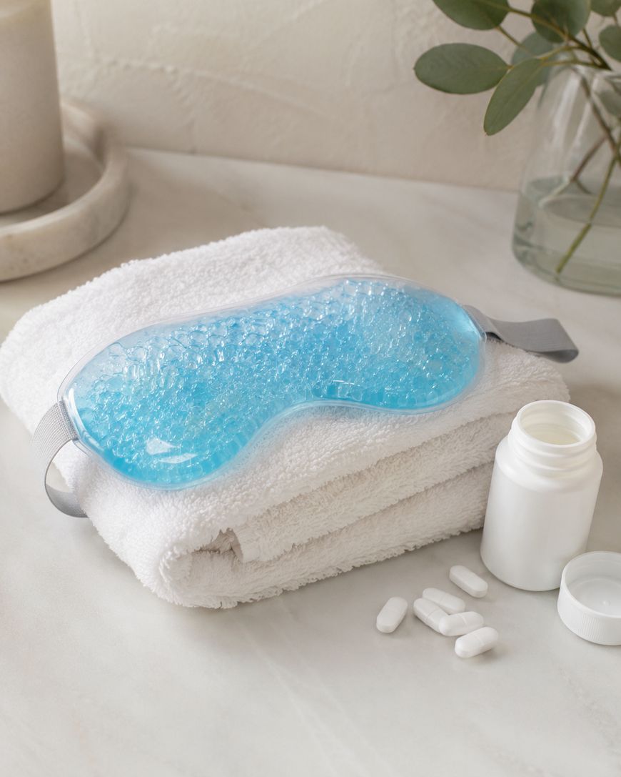 A blue gel eye mask rests on folded white towels next to a white pill bottle with several tablets on a bathroom countertop. Green leaves are visible in the background.
