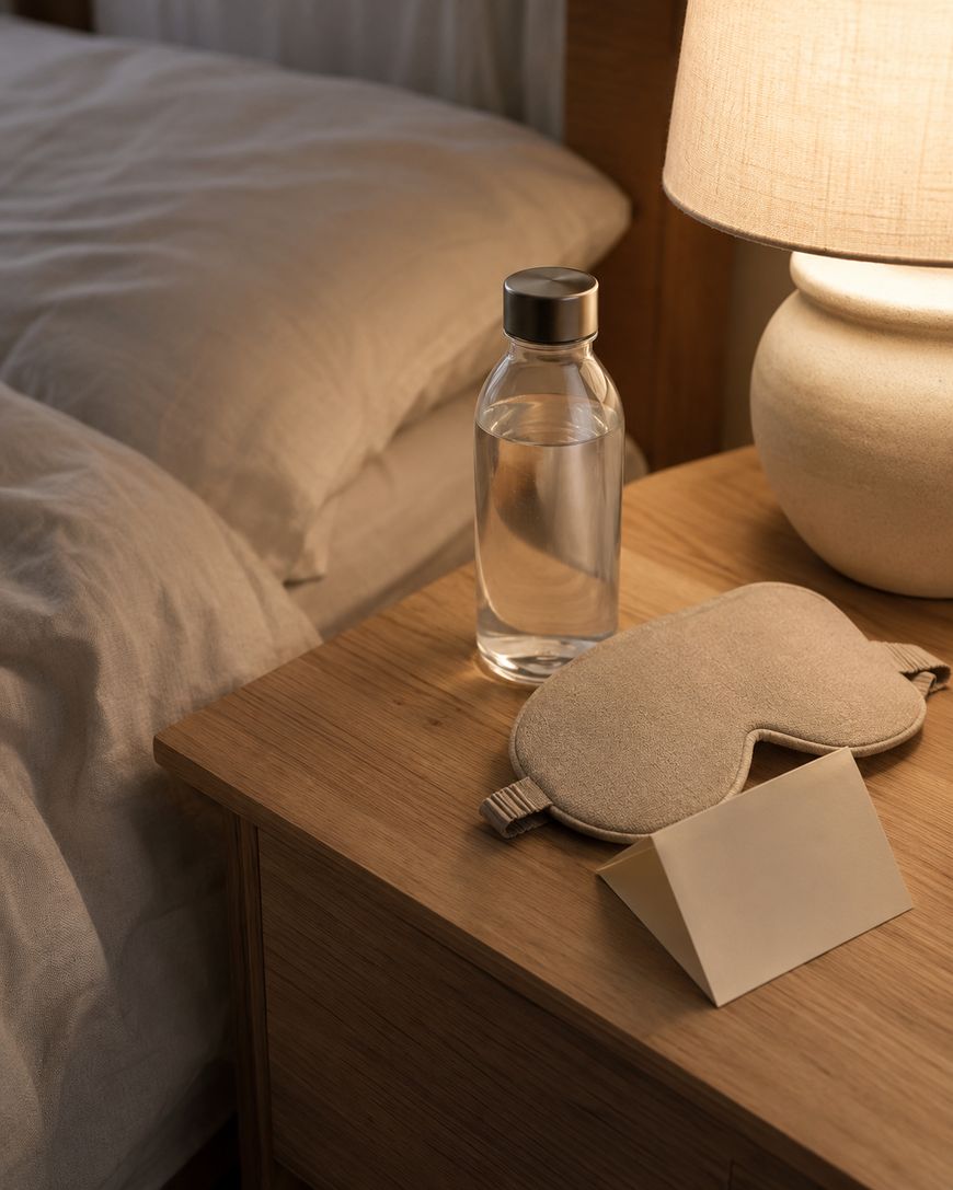 A bedside table with a lamp, a clear water bottle, a beige sleep mask, an envelope, and part of a neatly made bed with white sheets in a cozy bedroom.