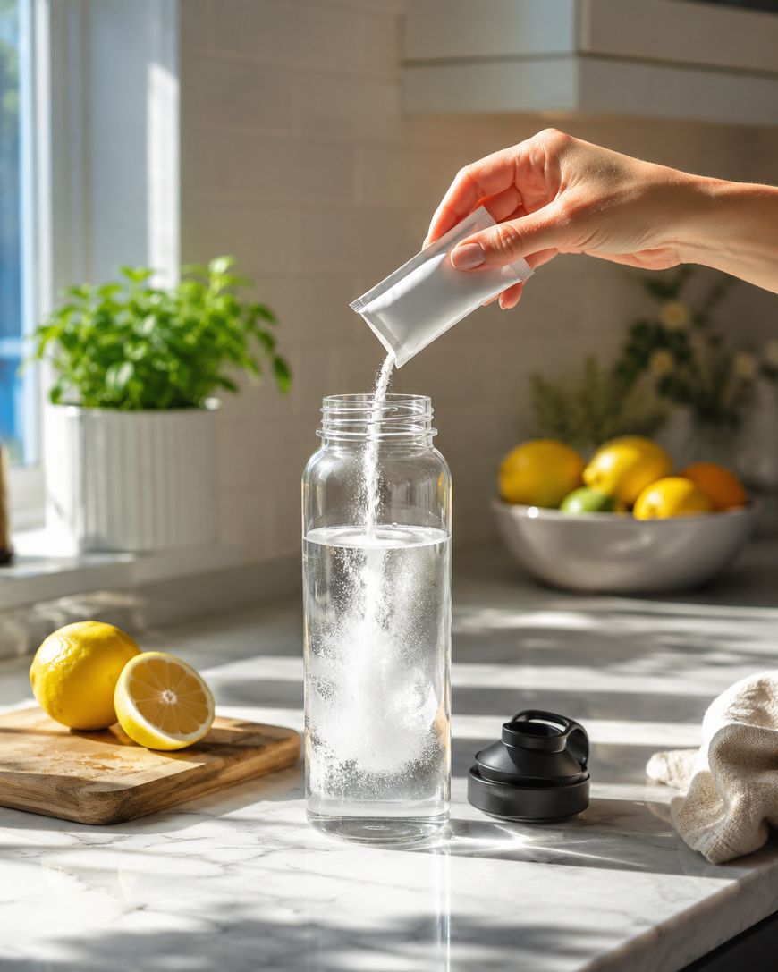 A hand pours powder from a packet into a clear water bottle on a sunlit kitchen counter with lemons, a towel, and a bowl of fruit in the background.