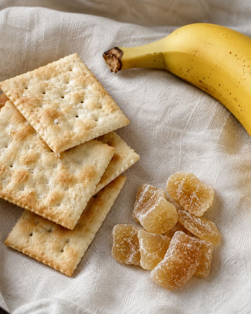 Four square saltine crackers, a yellow banana, and several pieces of sugared dried ginger are arranged on a light-colored fabric surface.
