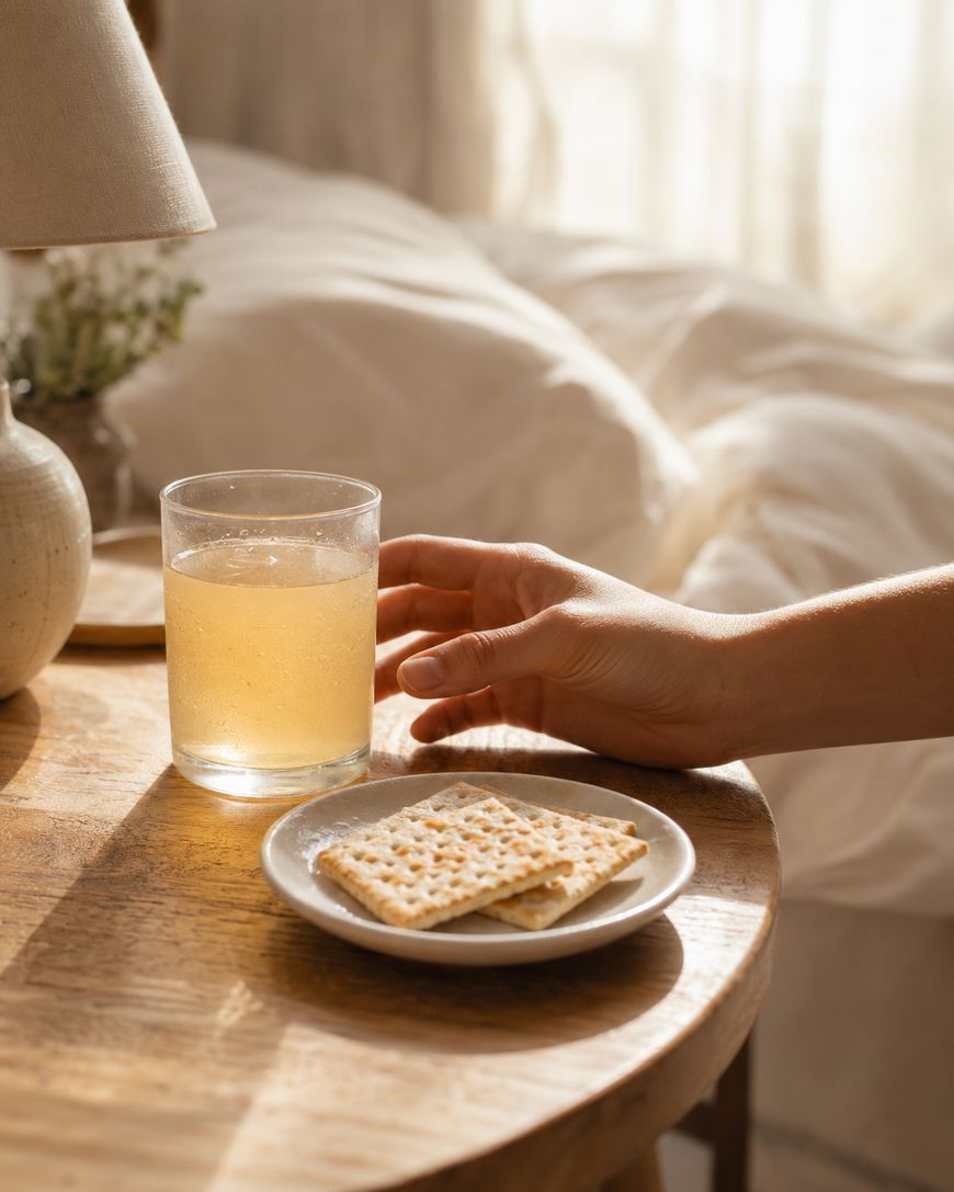 A hand reaches for a glass of light yellow liquid on a wooden bedside table next to a plate of crackers, with a bed and soft light in the background.