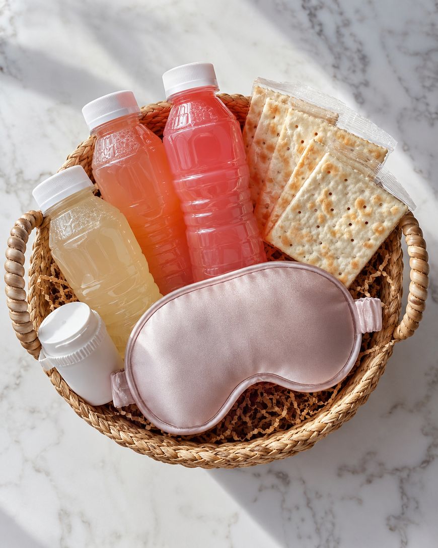 A wicker basket with three juice bottles, saltine crackers, a white pill bottle, and a pink satin sleep mask, on a marble surface.