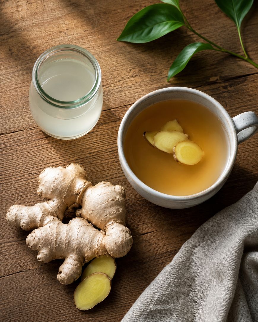A cup of ginger tea with ginger slices, a piece of fresh ginger root, a small jar of liquid, and green leaves on a wooden table.