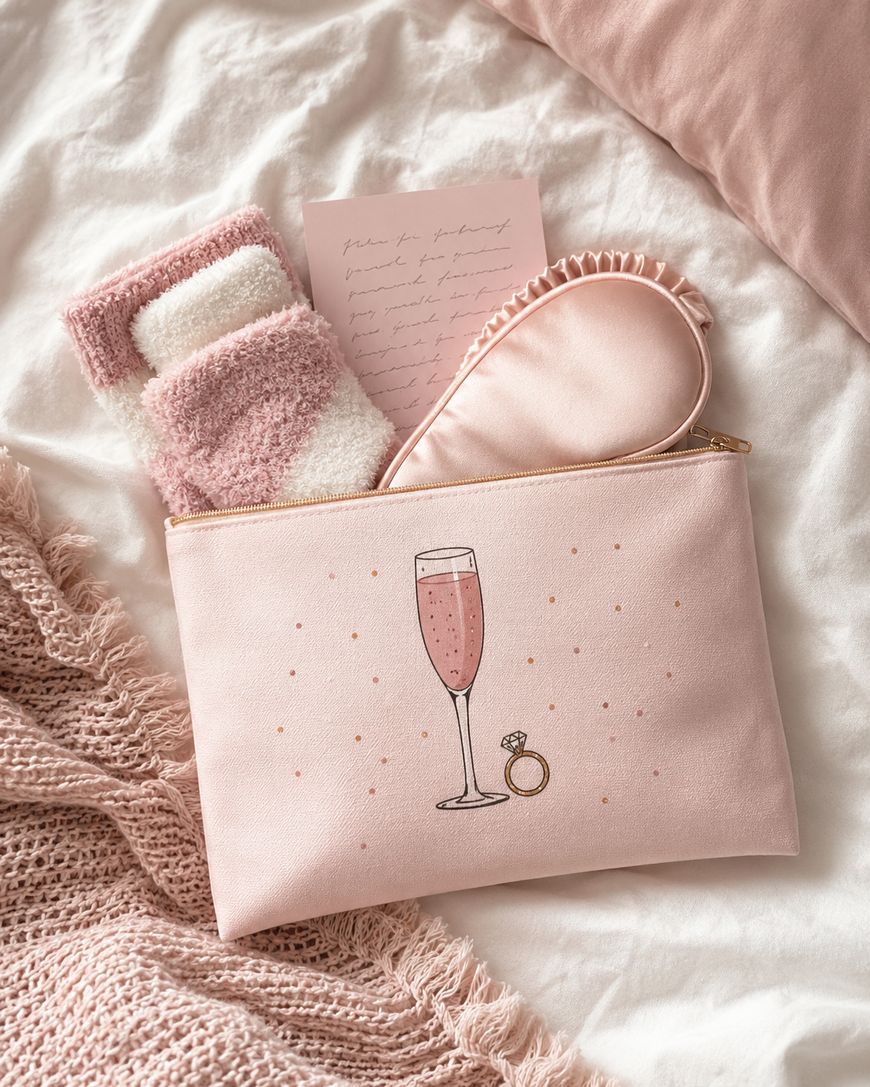 A pink pouch with a champagne glass and ring design, fuzzy socks, a pink sleep mask, and a handwritten note are arranged on a cozy pink and white blanket.