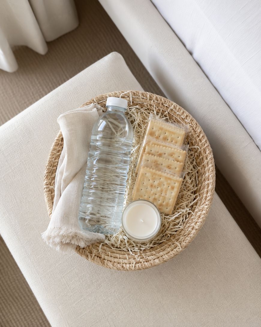 A woven basket with a bottle of water, a folded white cloth, several crackers, and a small white candle, placed on a beige cushioned surface.